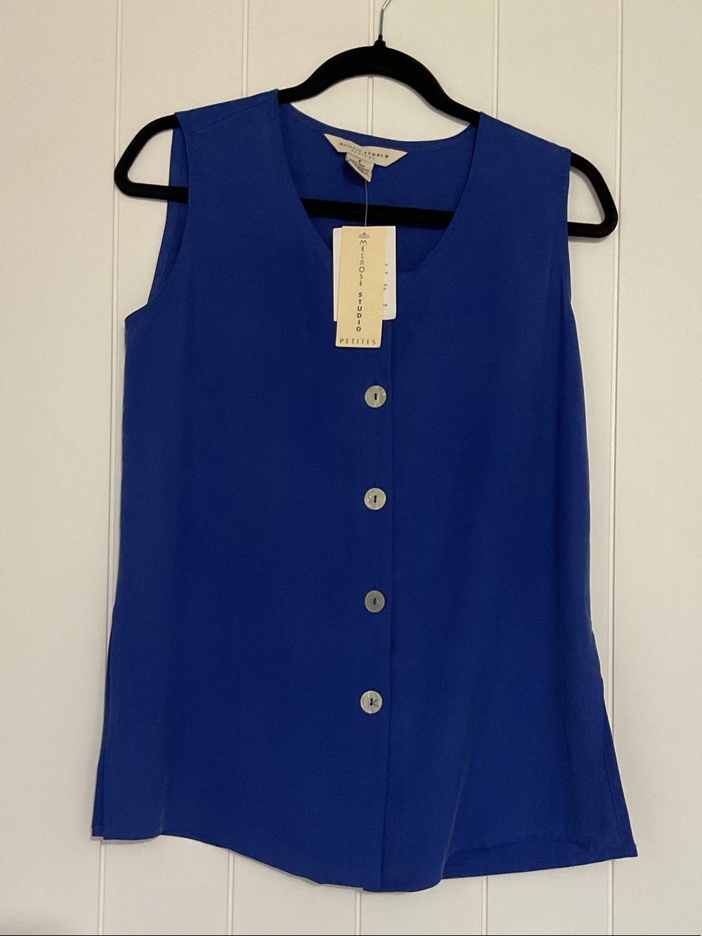 Melrose Studio Silk Sleeveless Button-Front V-Neck Top in Cobalt Blue